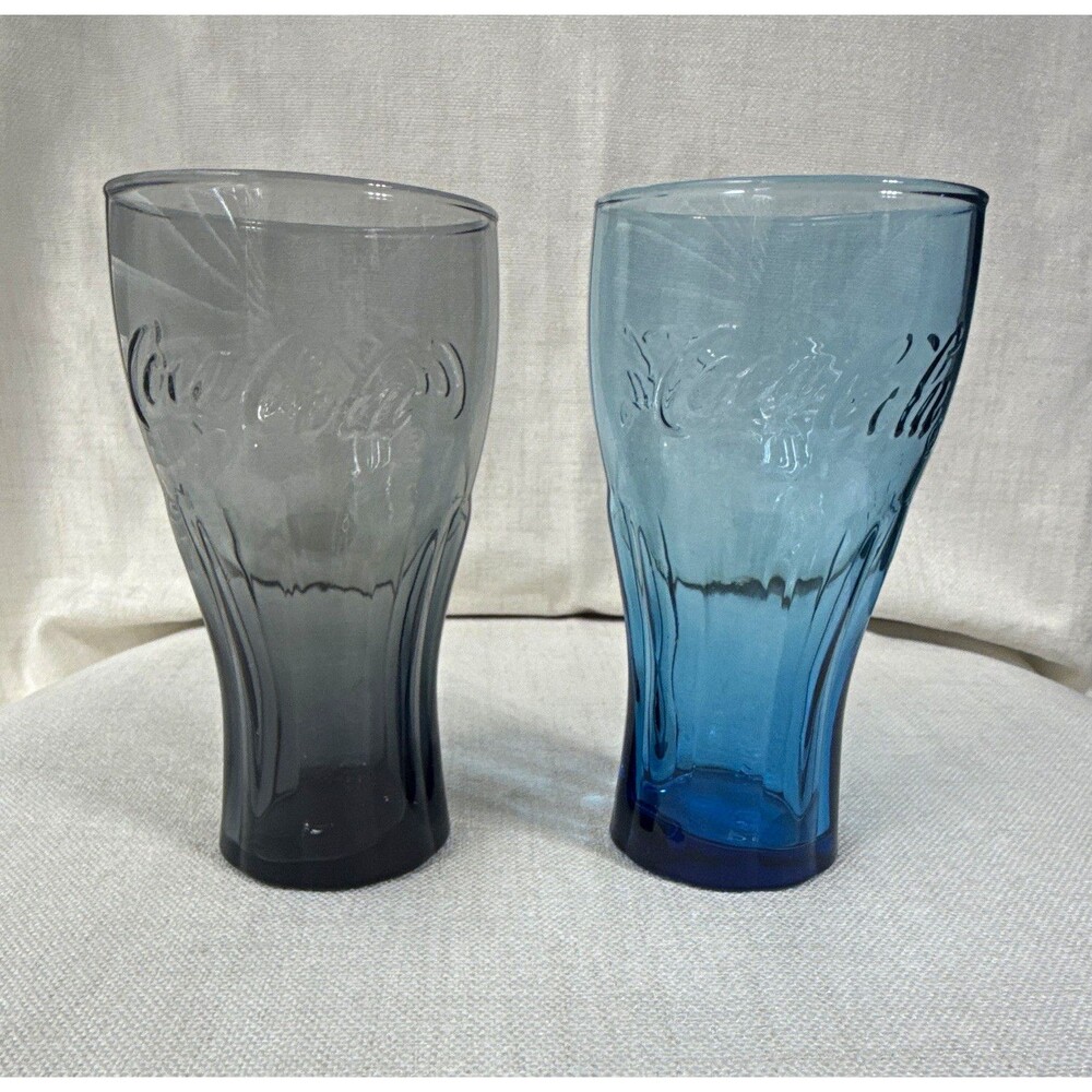 Coke Glass Embossed Soda Blue & Gray Glass Tumblers Advertising Glass, Set of 2